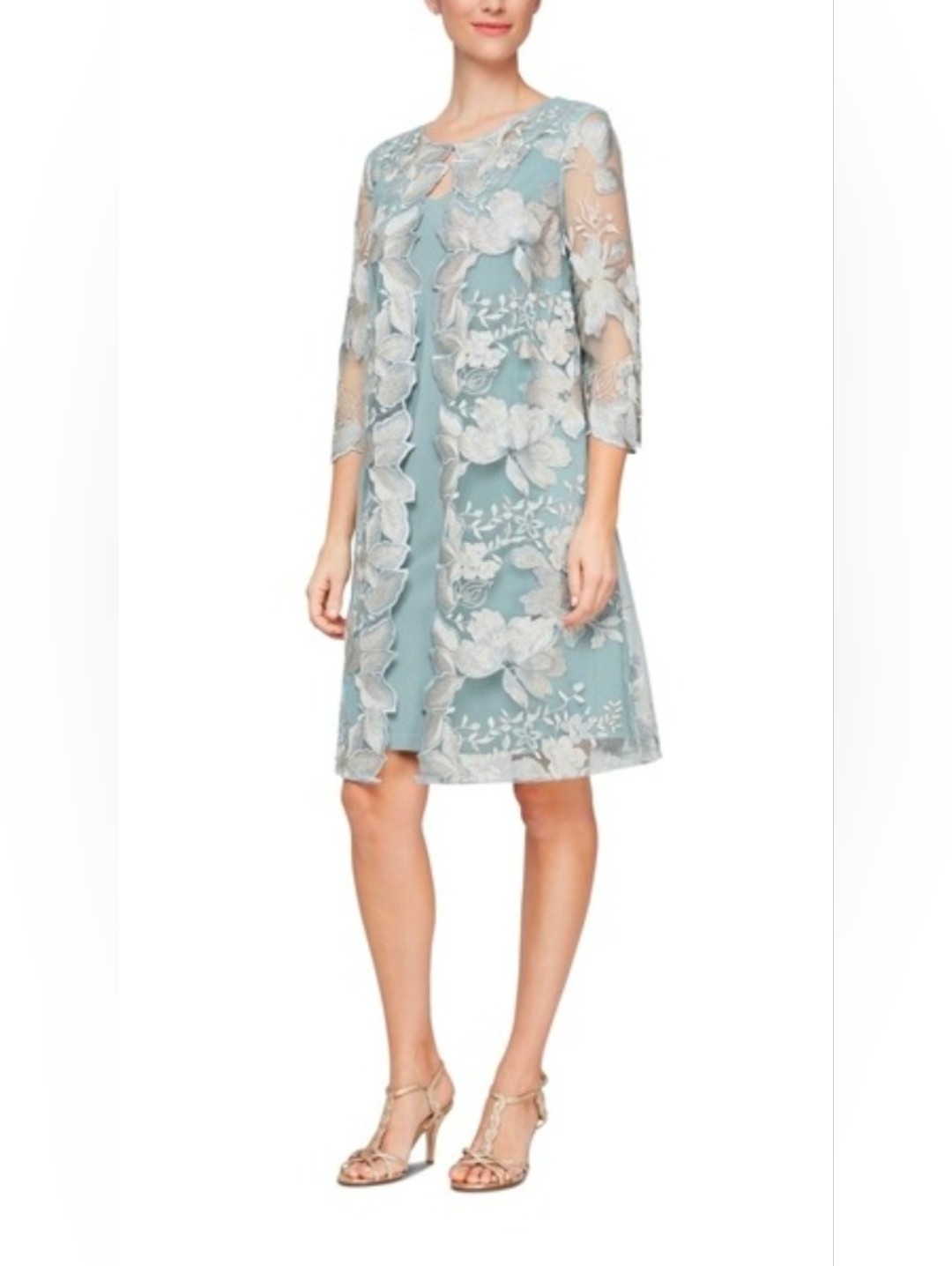 Nwt! Alex Evening, Silver Embroidered Floral Sheath Dress